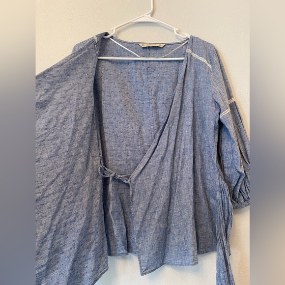Zara blue linen cotton blend wrap-around blouse bow tie tassel cinched sleeve - Picture 7 of 9